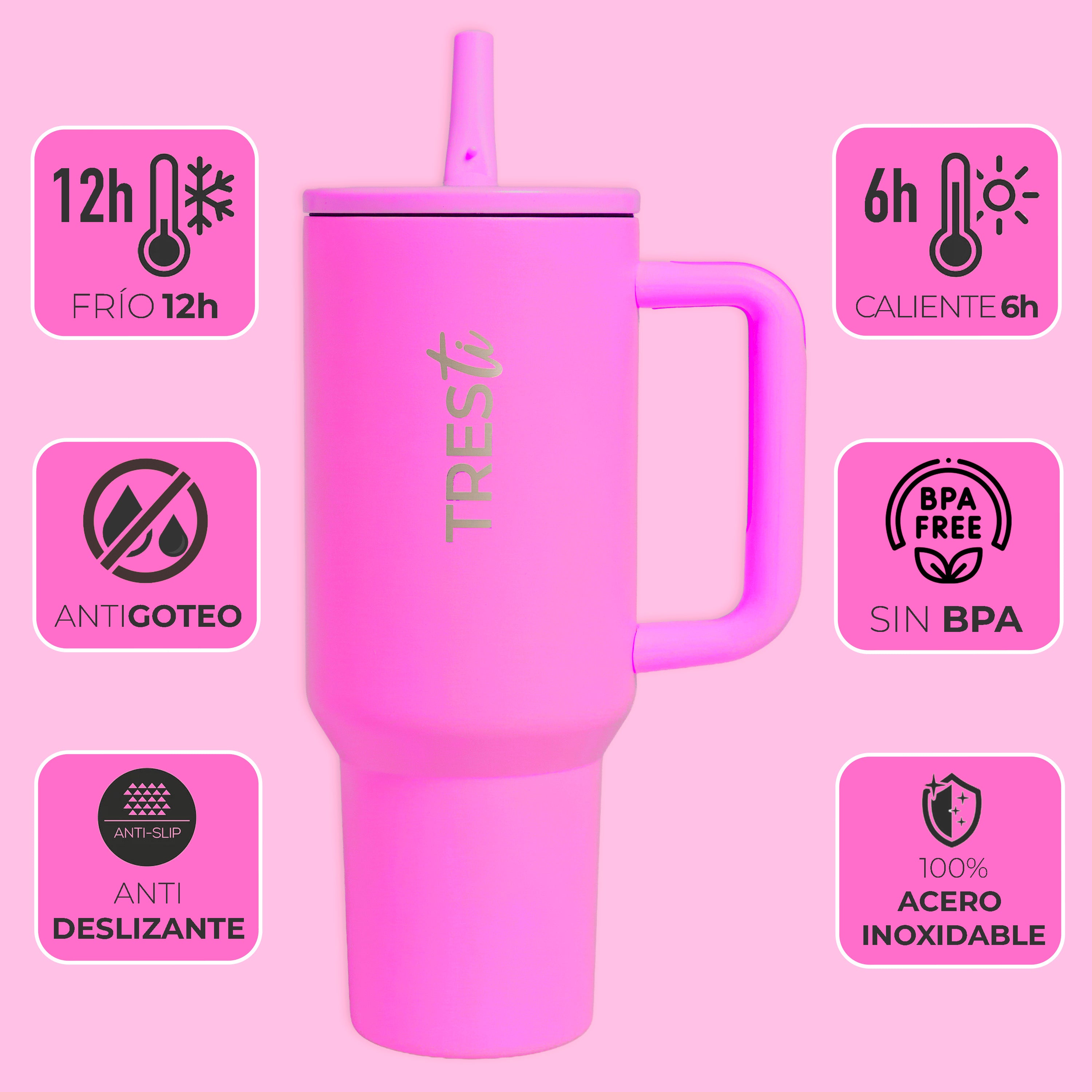 Vaso Térmico TRESti con Asa - 1.2L - Acero Inoxidable - AntiGoteo - Fucsia
