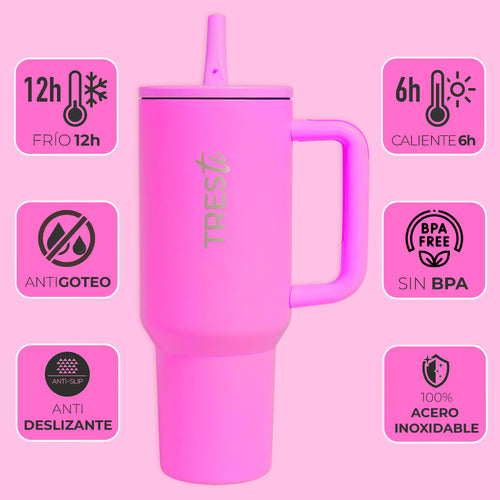 Vaso Térmico TRESti con Asa - 1.2L - Acero Inoxidable - AntiGoteo - Fucsia