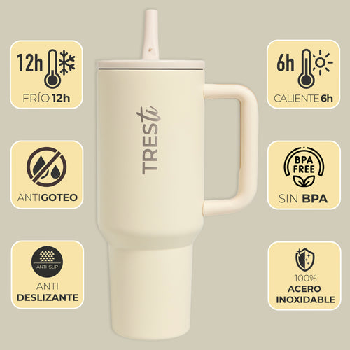Vaso Térmico TRESti con Asa - 1.2L - Acero Inoxidable - AntiGoteo - Crema