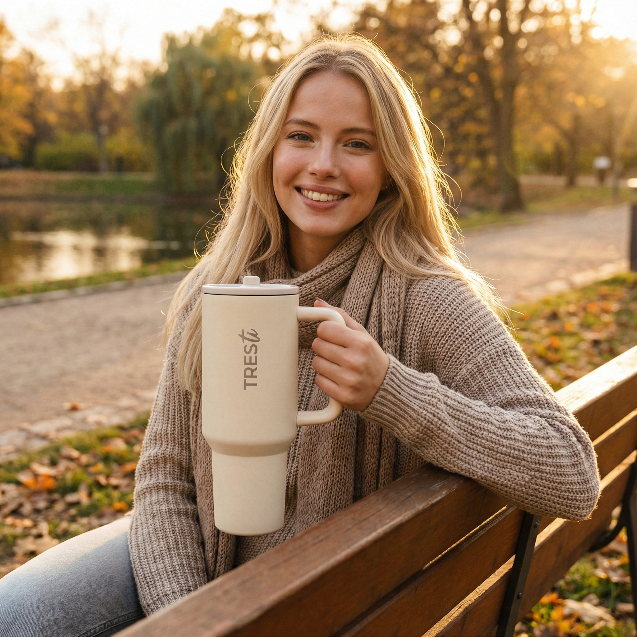 Vaso Térmico TRESti con Asa - 1.2L - Acero Inoxidable - AntiGoteo - Crema