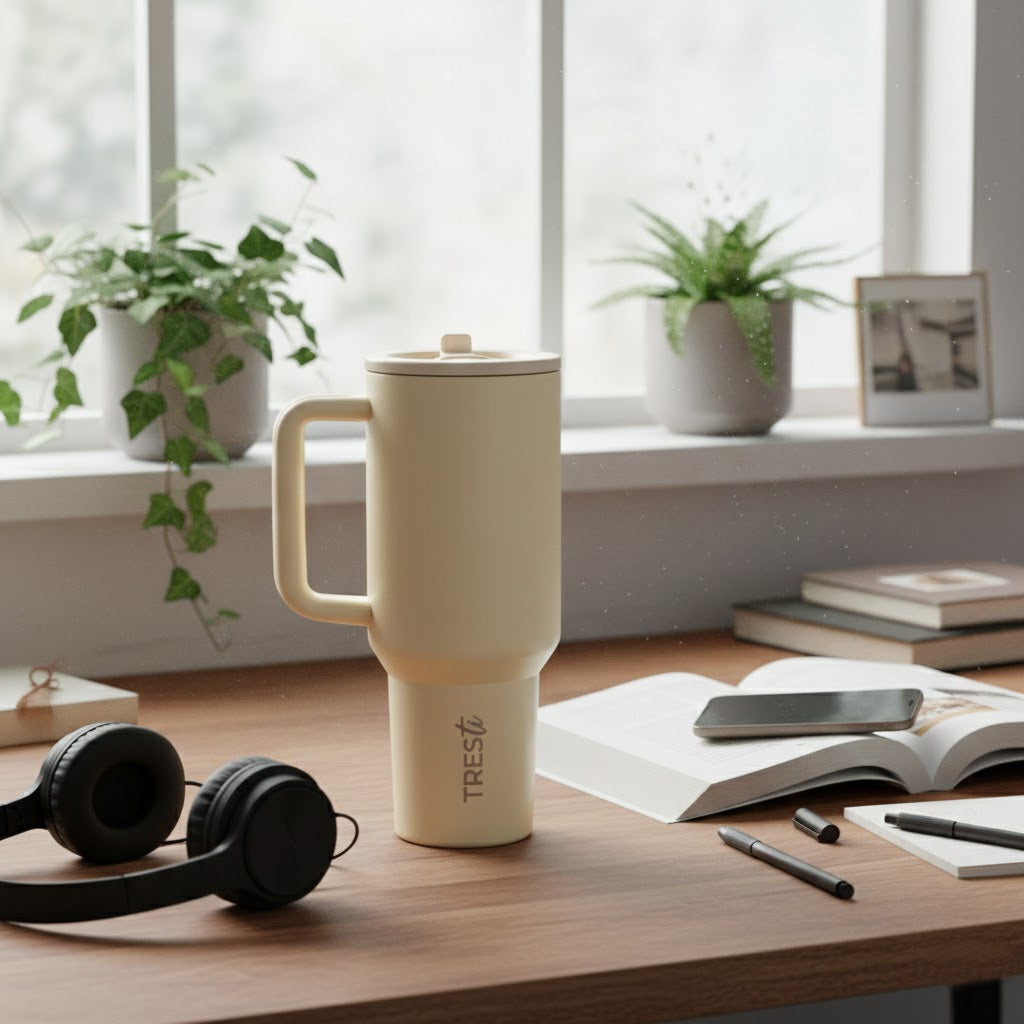 Vaso Térmico TRESti con Asa - 1.2L - Acero Inoxidable - AntiGoteo - Crema