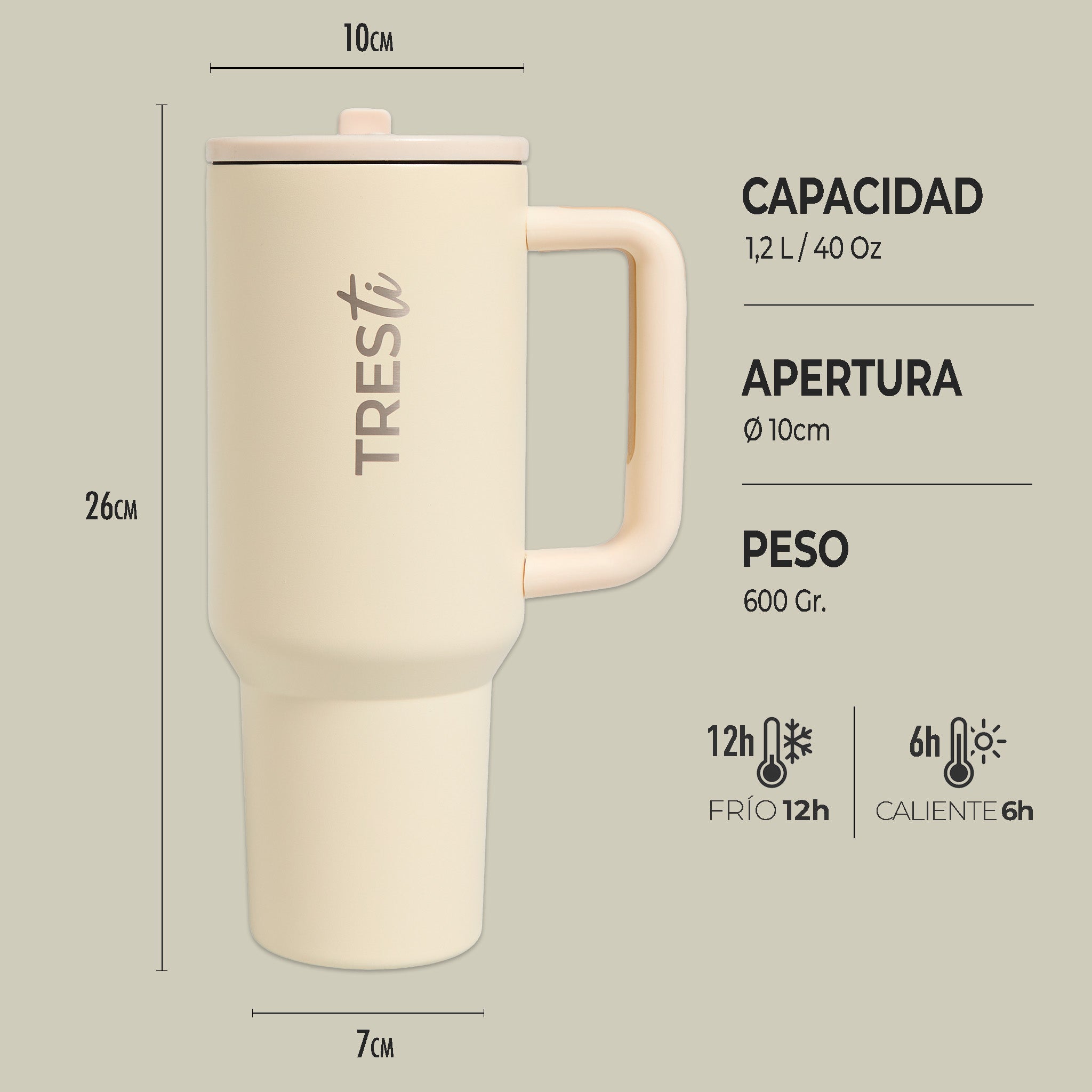 Vaso Térmico TRESti con Asa - 1.2L - Acero Inoxidable - AntiGoteo - Crema