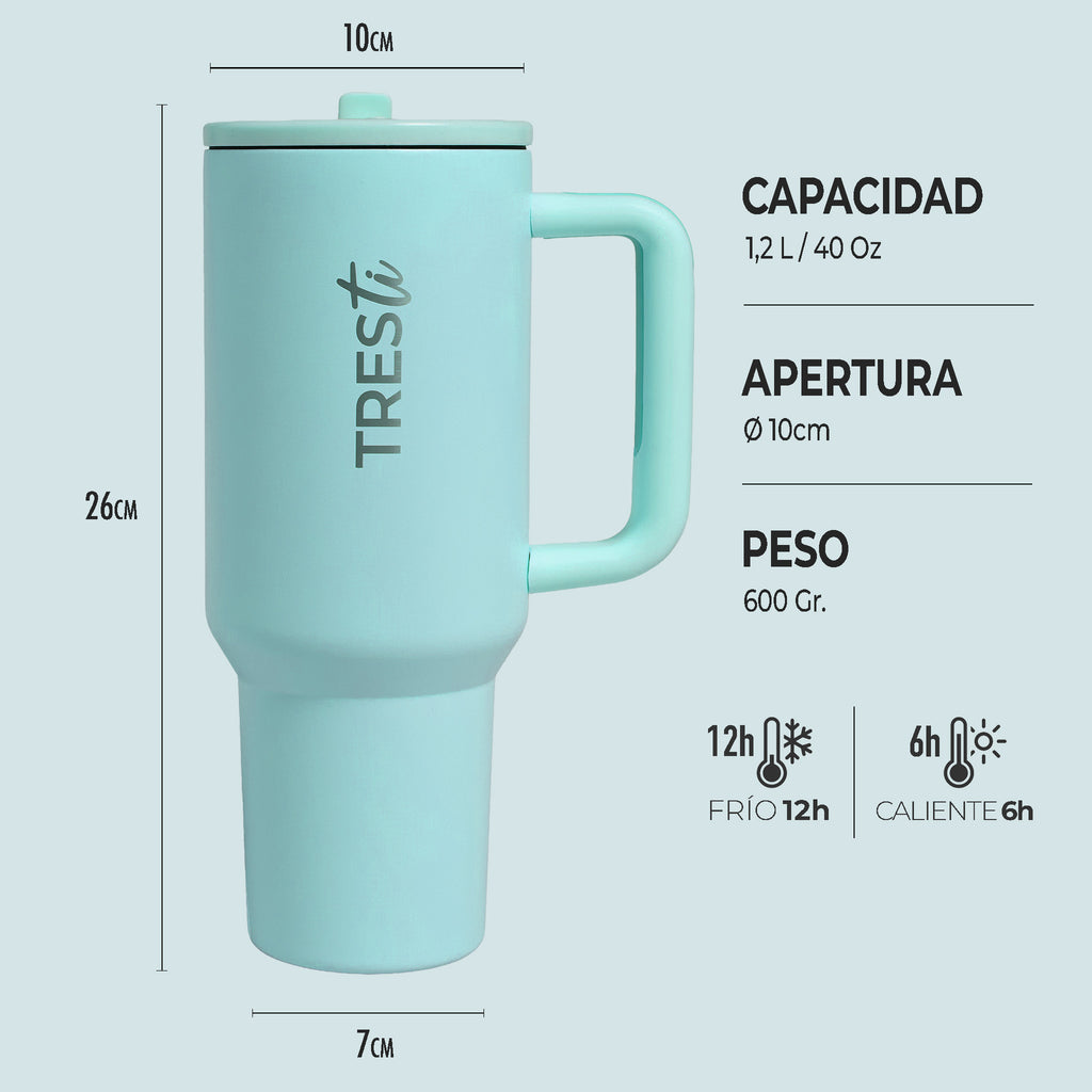 Vaso Térmico TRESti con Asa - 1.2L - Acero Inoxidable - AntiGoteo - Turquesa