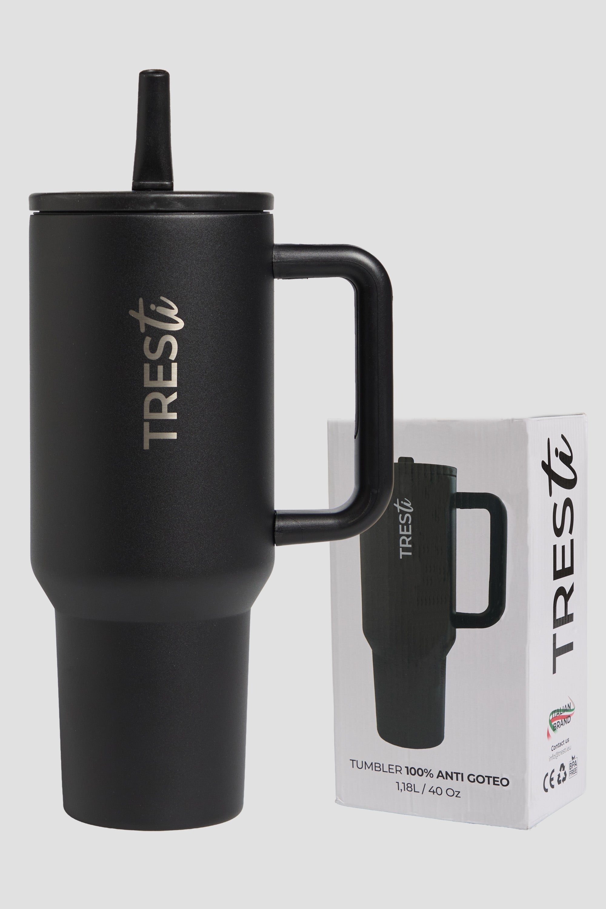 Vaso Térmico TRESti con Asa - 1.2L - Acero Inoxidable - AntiGoteo - Negro Mate