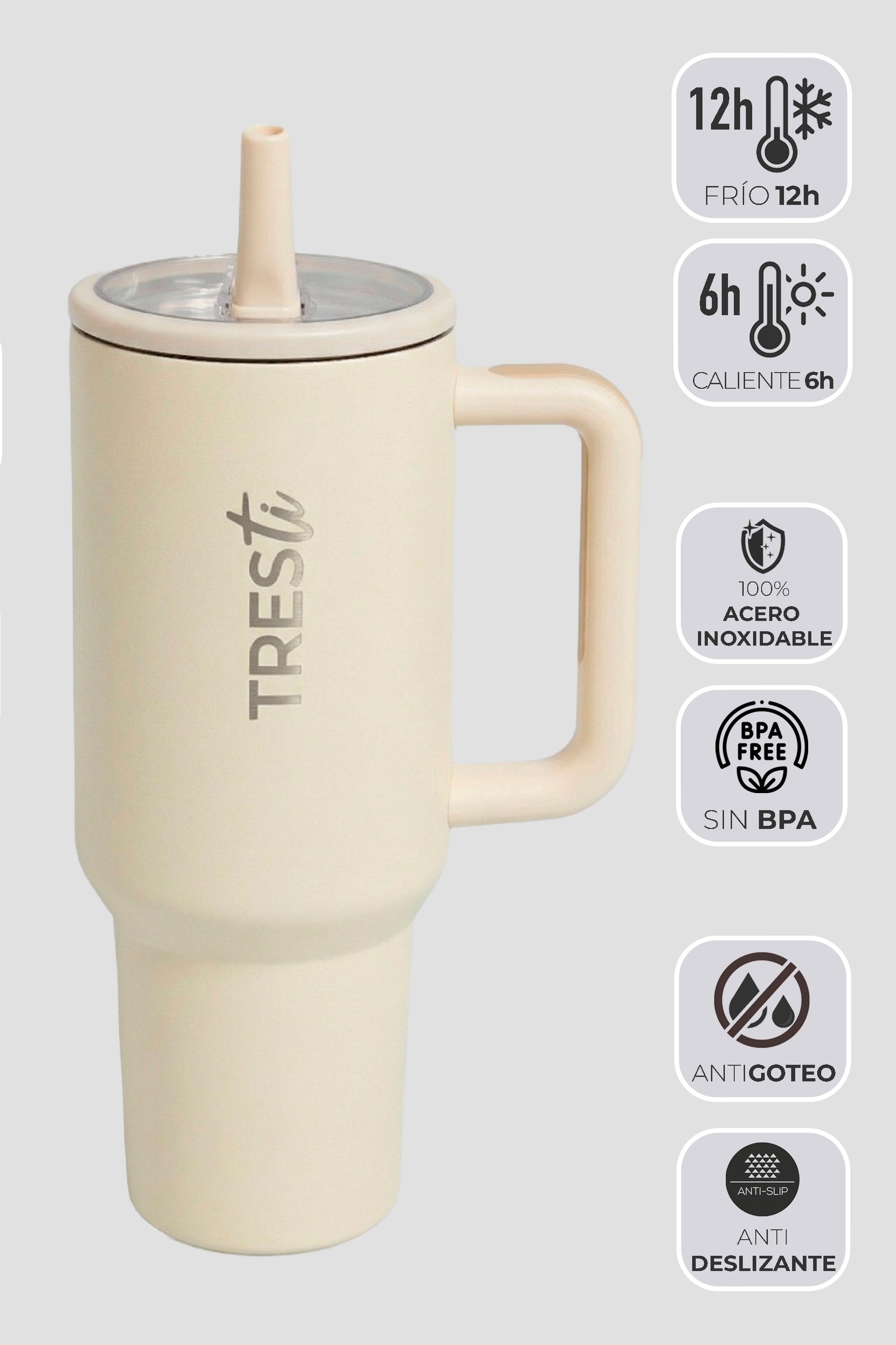 Vaso Térmico TRESti con Asa - 1.2L - Acero Inoxidable - AntiGoteo - Crema