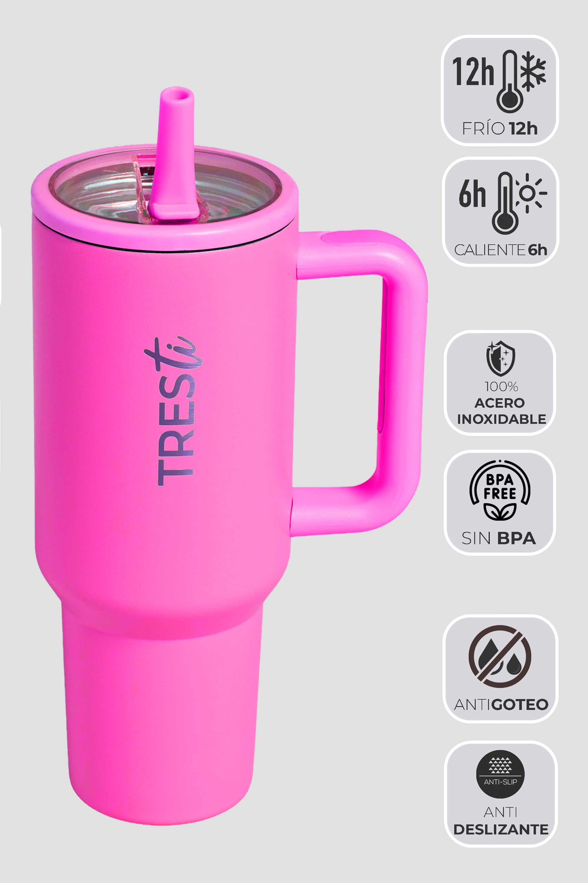 Vaso Térmico TRESti con Asa - 1.2L - Acero Inoxidable - AntiGoteo - Fucsia