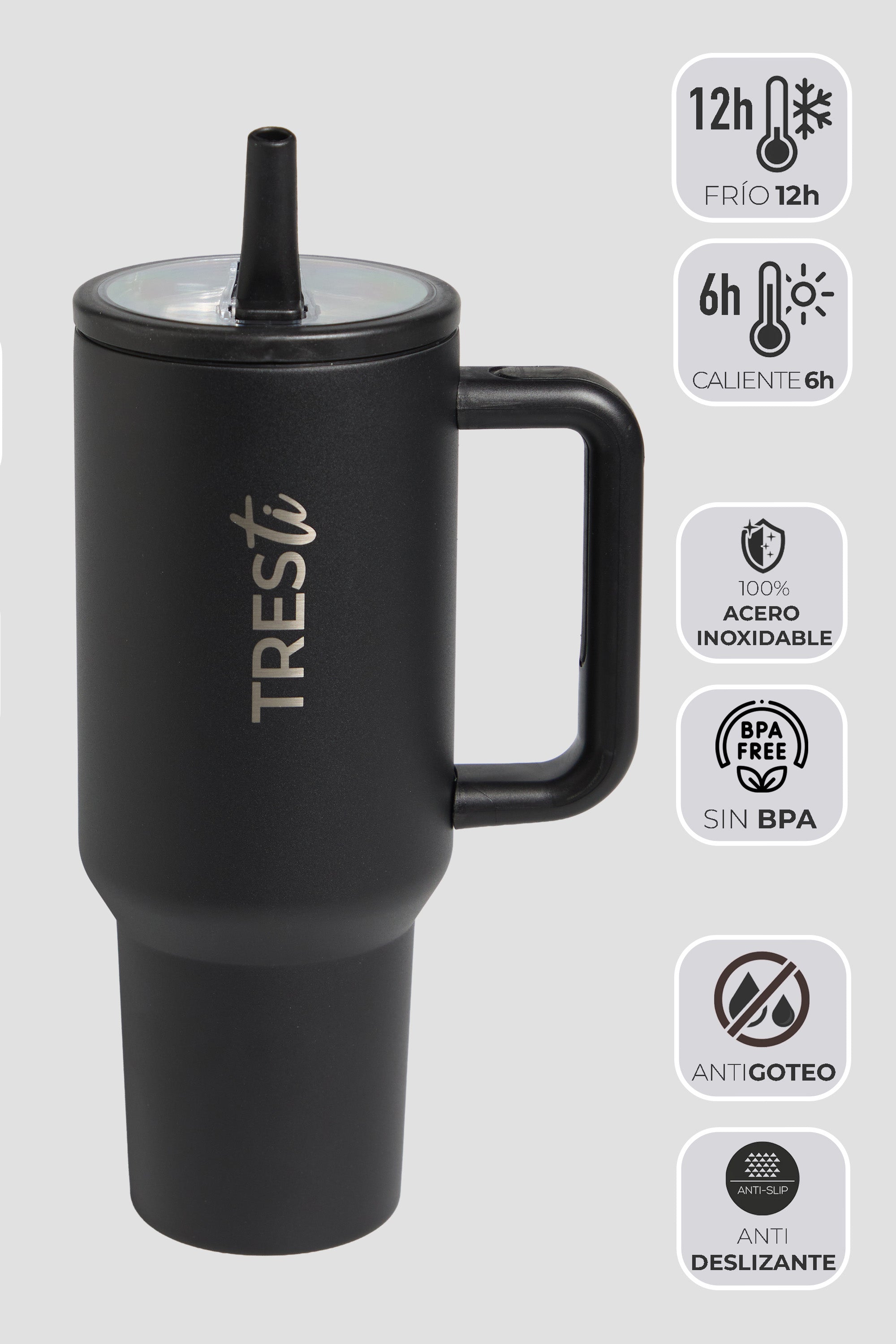 Vaso Térmico TRESti con Asa - 1.2L - Acero Inoxidable - AntiGoteo - Negro Mate