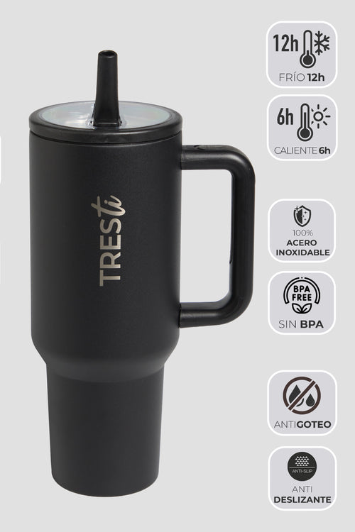 Vaso Térmico TRESti con Asa - 1.2L - Acero Inoxidable - AntiGoteo - Negro Mate