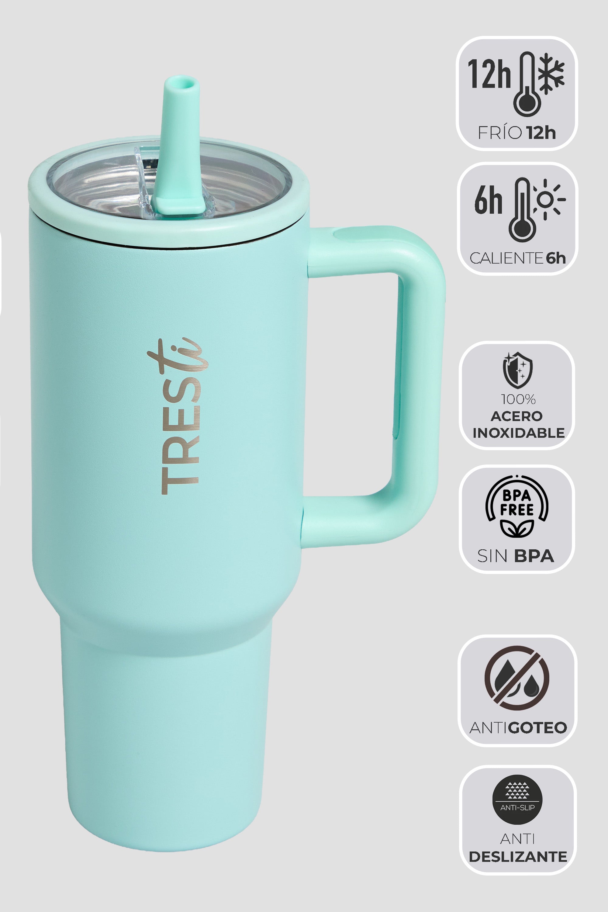 Vaso Térmico TRESti con Asa - 1.2L - Acero Inoxidable - AntiGoteo - Turquesa