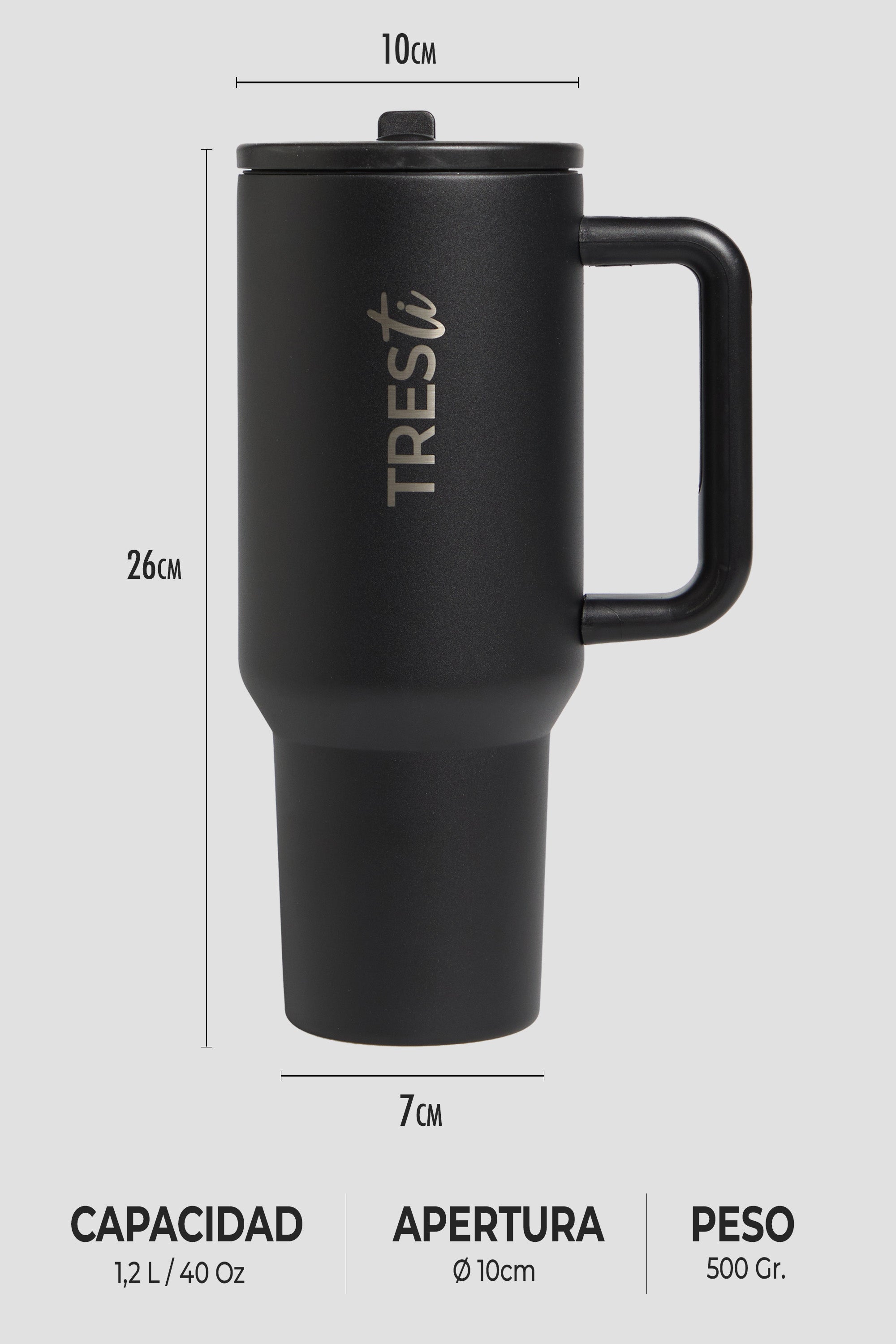 Vaso Térmico TRESti con Asa - 1.2L - Acero Inoxidable - AntiGoteo - Negro Mate