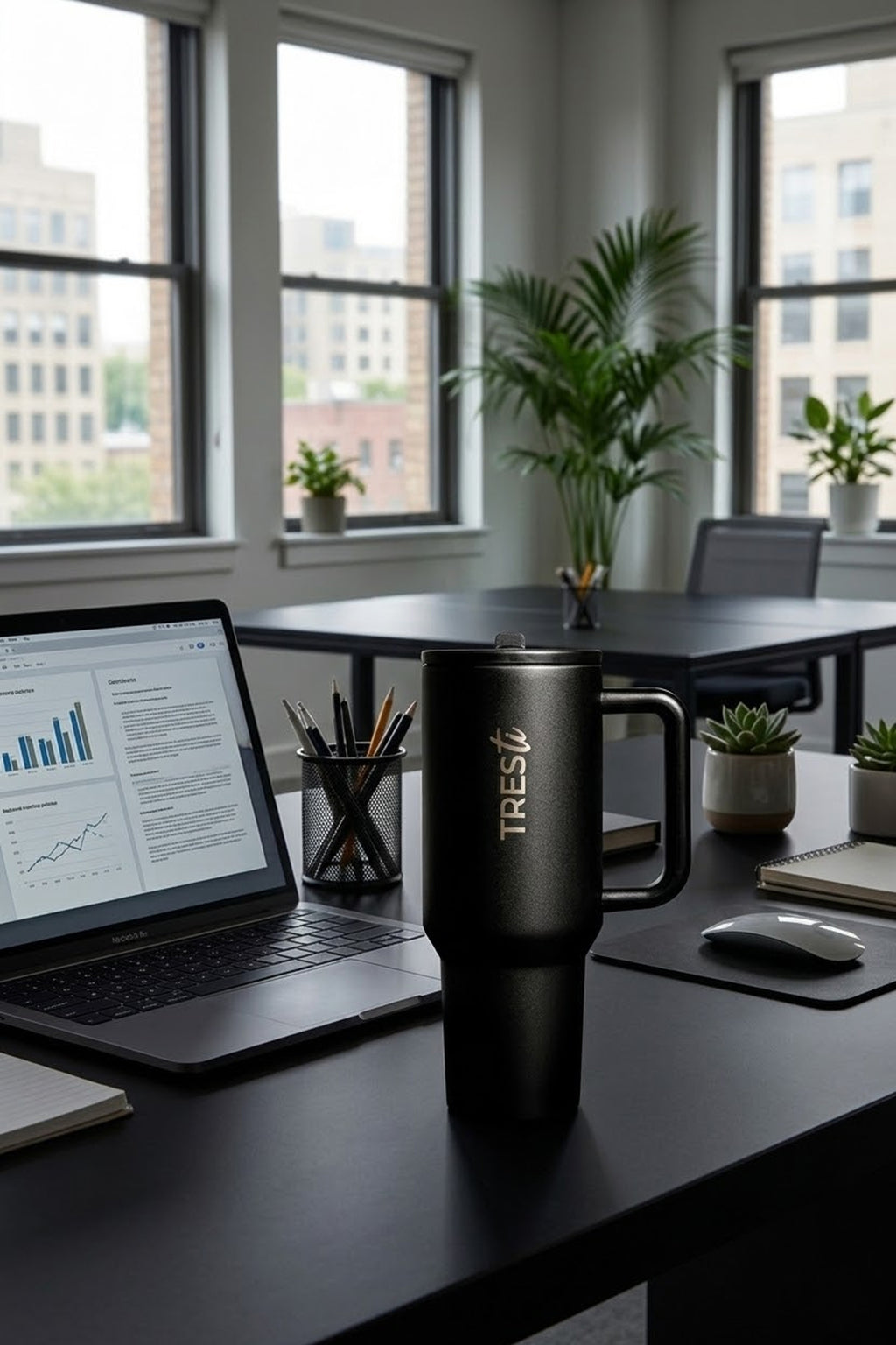 Vaso Térmico TRESti con Asa - 1.2L - Acero Inoxidable - AntiGoteo - Negro Mate
