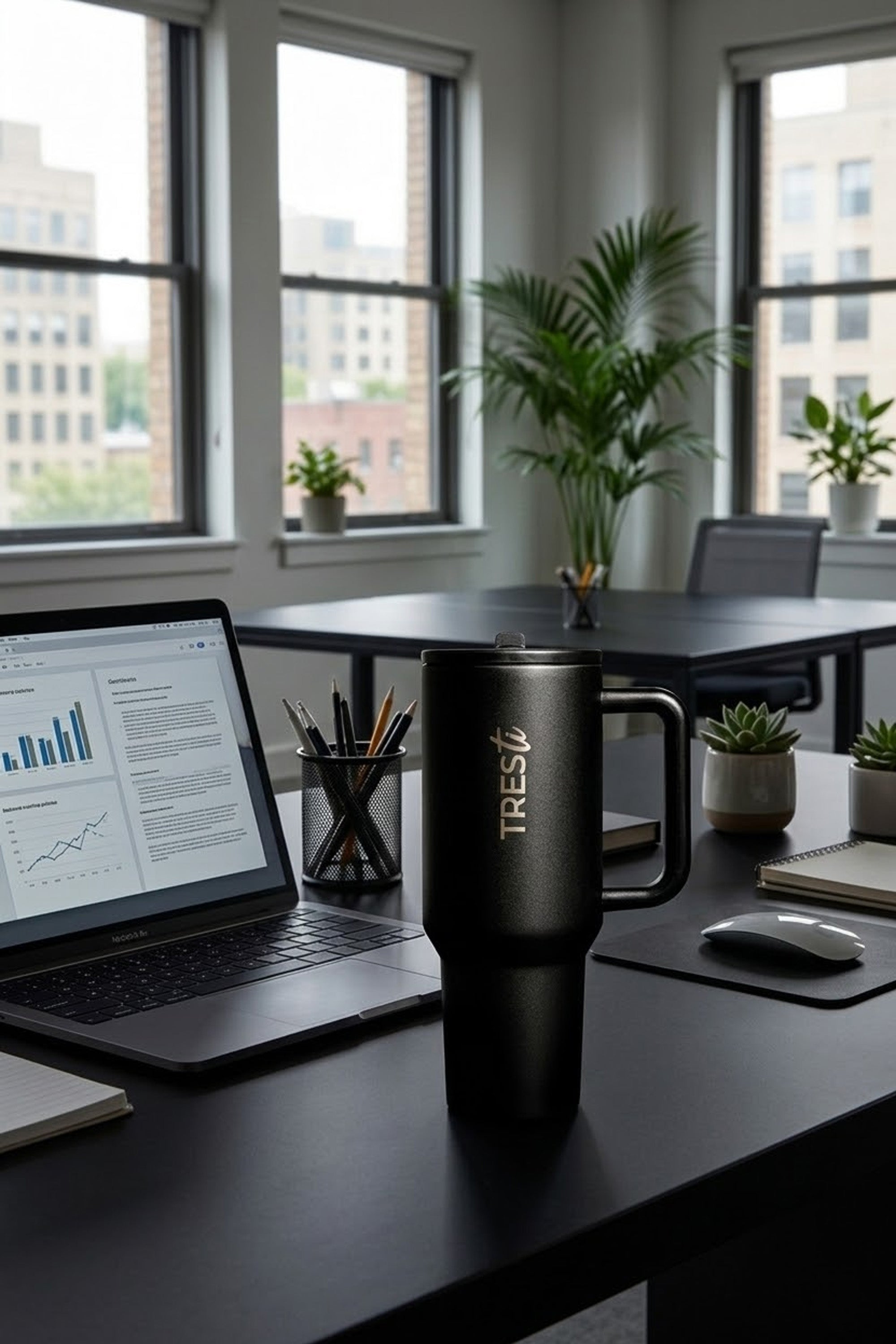 Vaso Térmico TRESti con Asa - 1.2L - Acero Inoxidable - AntiGoteo - Negro Mate